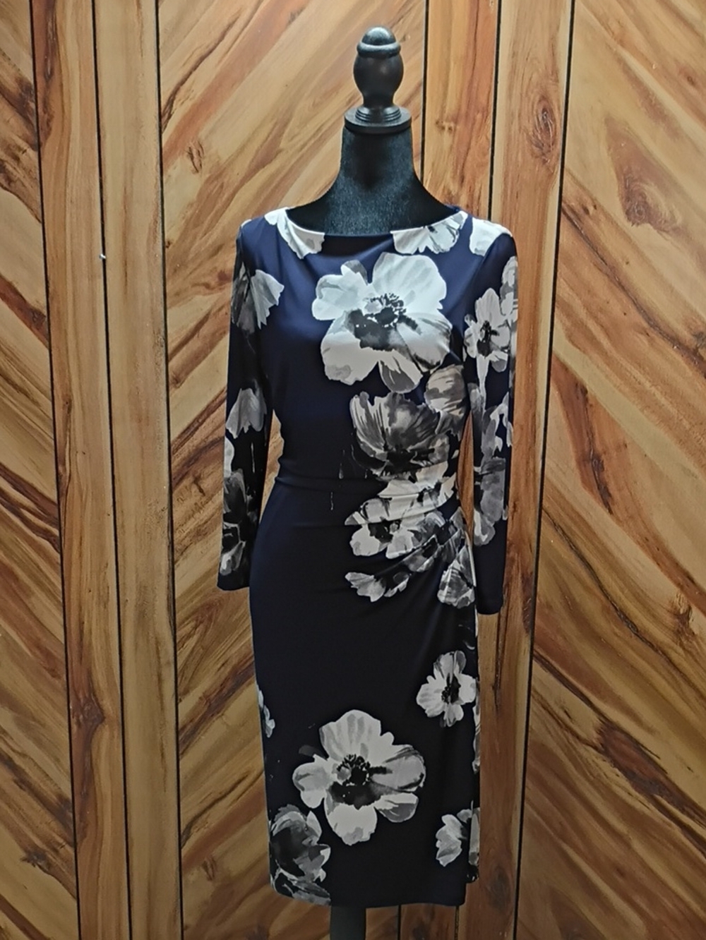 Lauren Ralph Lauren Navy Dress  White Floral Print - Long Sleeve Sheath Size 6